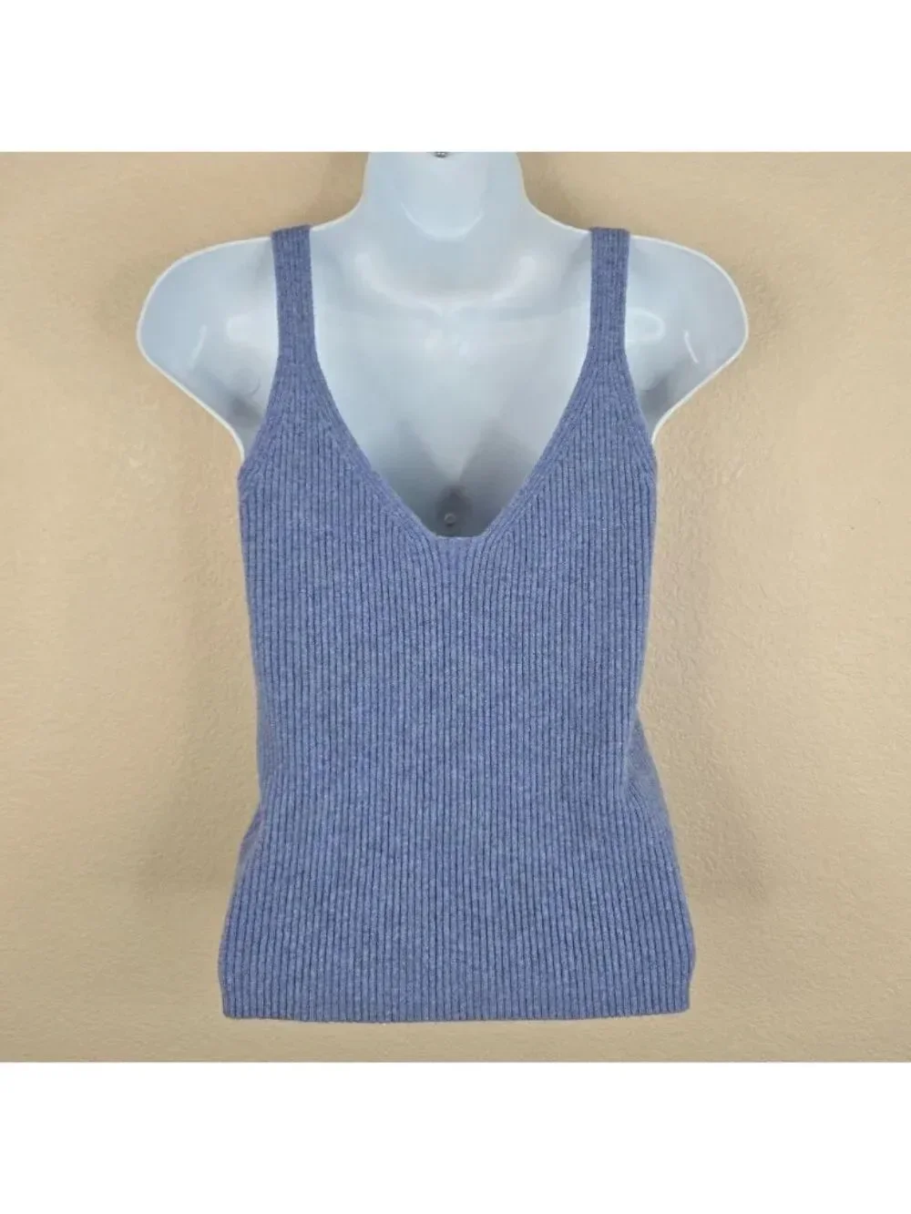 JCrew Ribbed Cashmere Blend V-Neck Tank Top Sweater Blue Size L Coastal